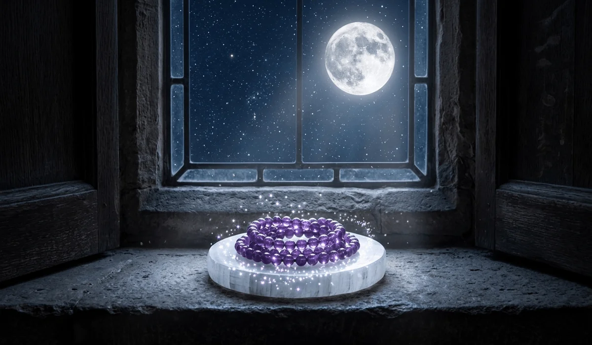 Cleansing and charging an amethyst wrist mala under moonlight to maintain its crystal energy.