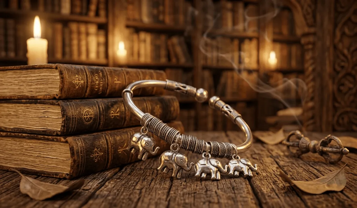 Detailed sterling silver elephant bracelet on a wooden table representing strength and wisdom symbolism.