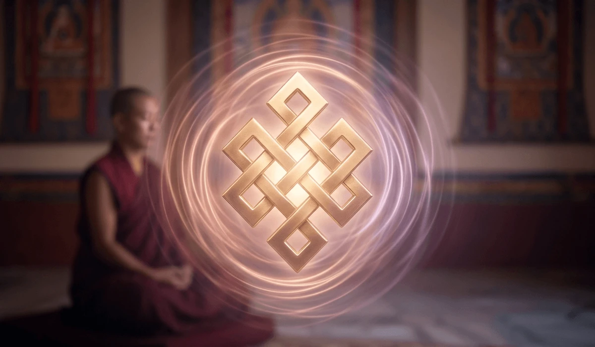 Sacred geometry endless knot symbol glowing with warm radiant light symbolizing spiritual wisdom and heart chakra energy