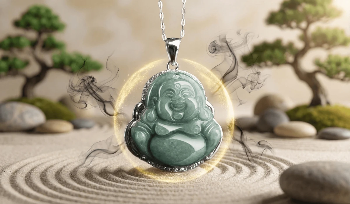 Artistic depiction of a jade Buddha pendant acting as a protective energy shield against negative vibrations.