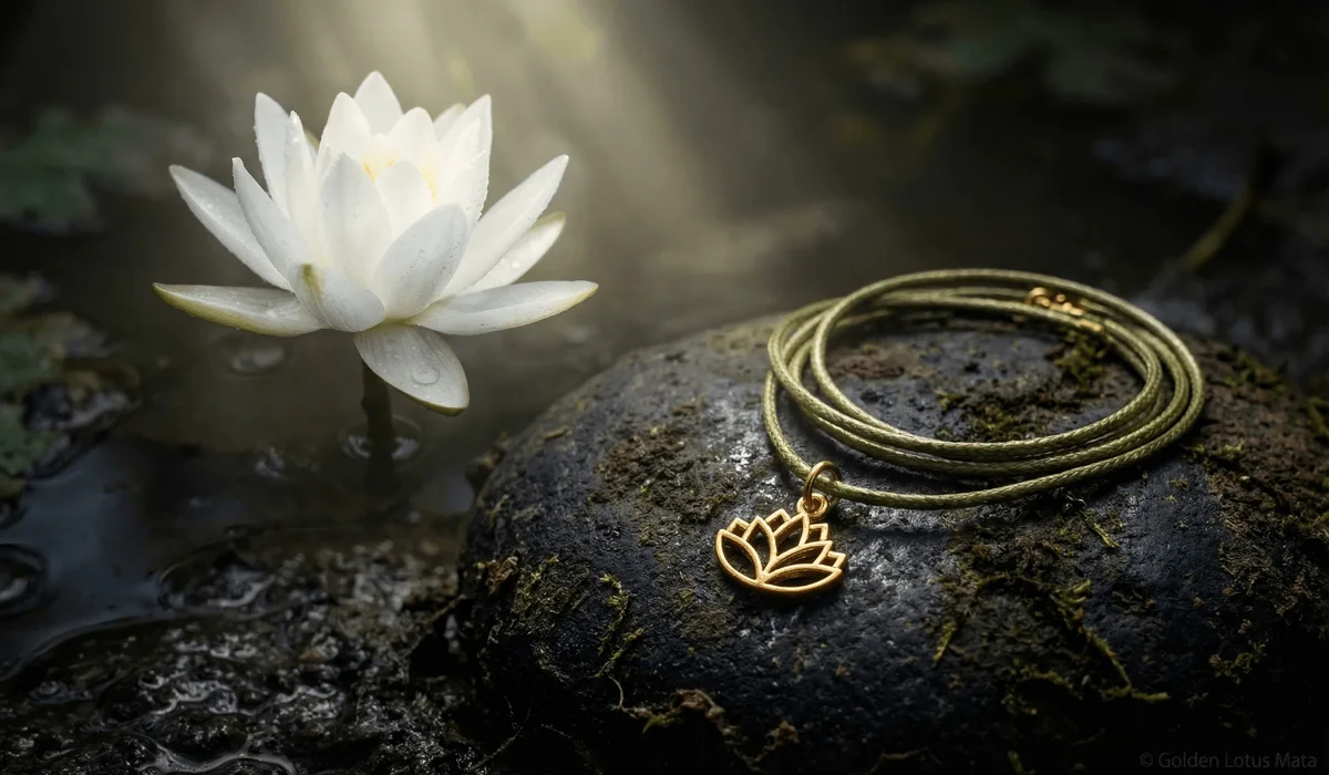 A gold lotus necklace symbolizing the journey from mud to bloom and spiritual purity.