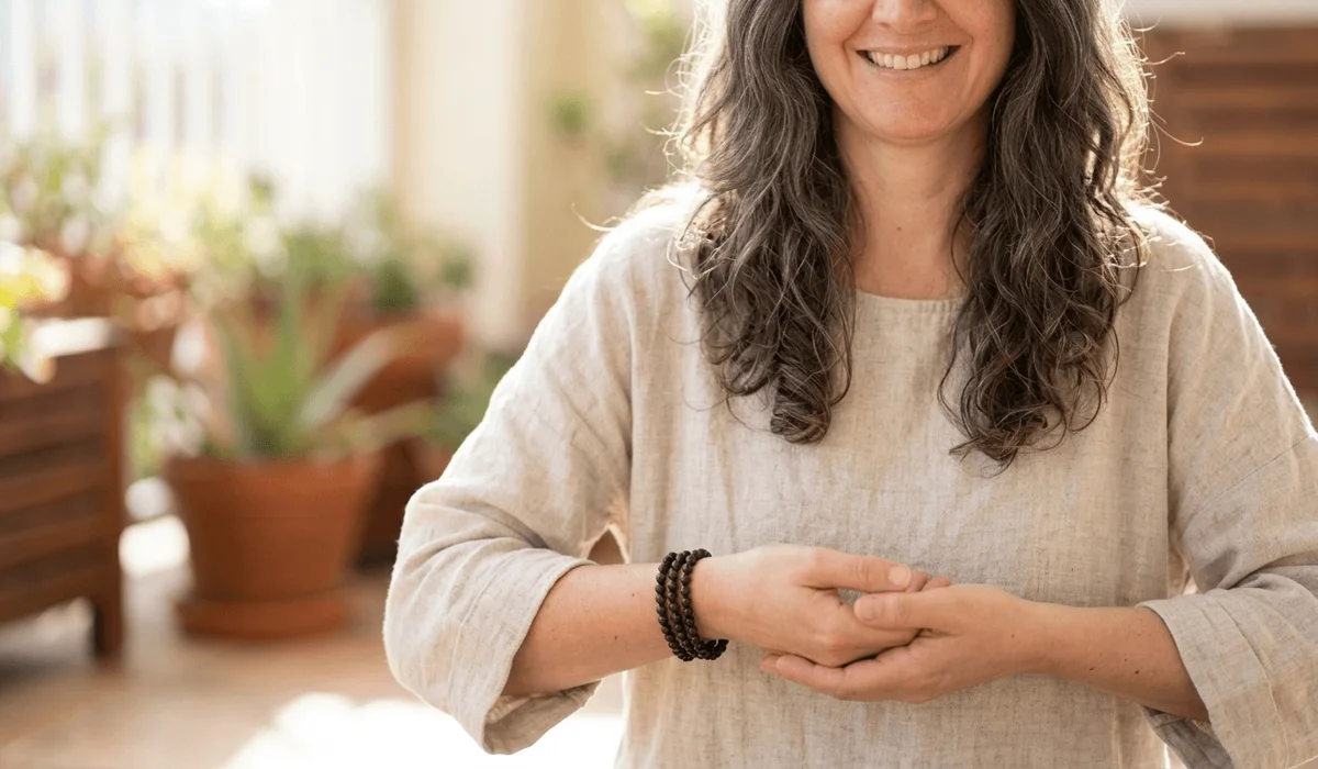 Person respectfully wearing a mala bead bracelet on the left wrist during daily mindfulness.