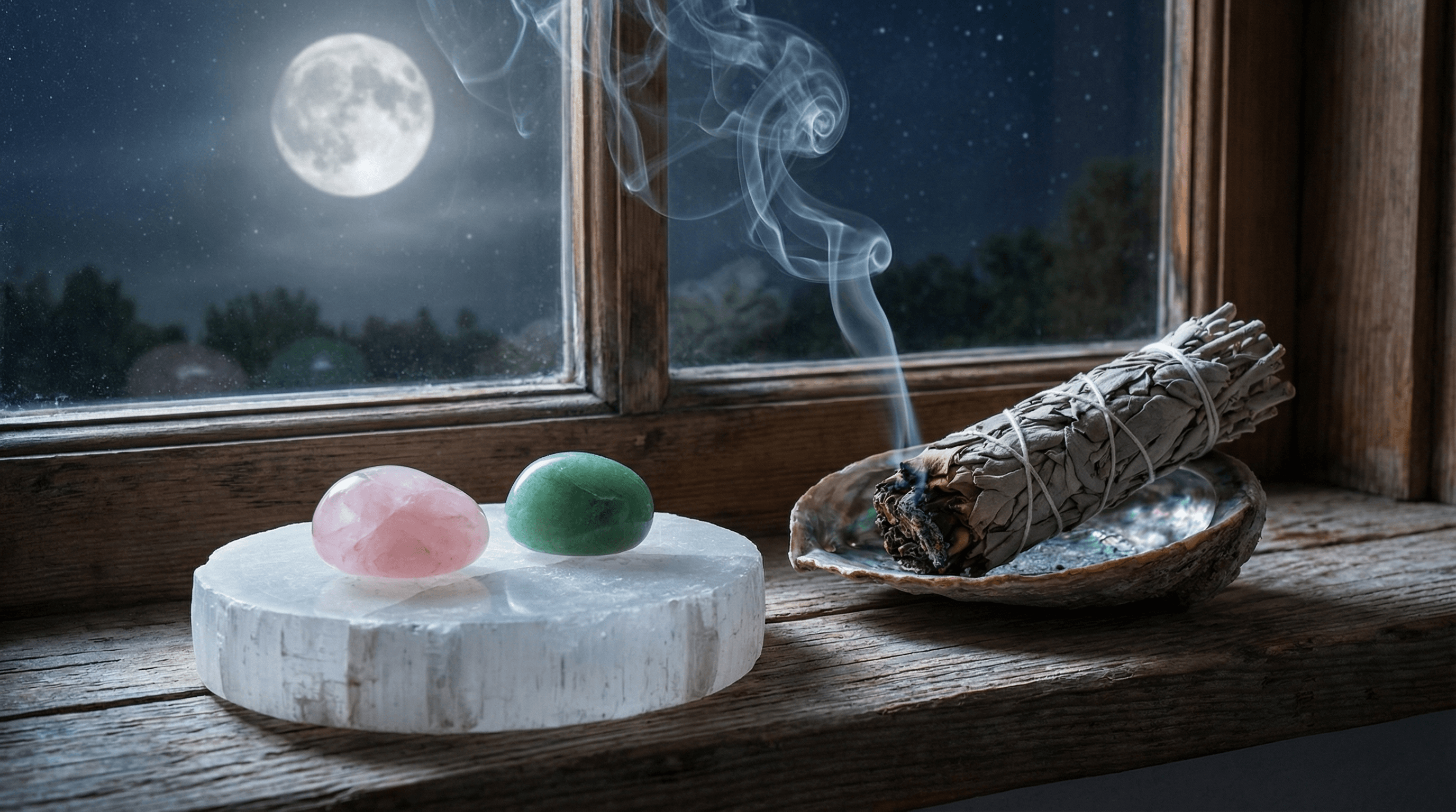 Rose Quartz and Green Aventurine crystals being cleansed on a Selenite plate under moonlight with sage smoke.
