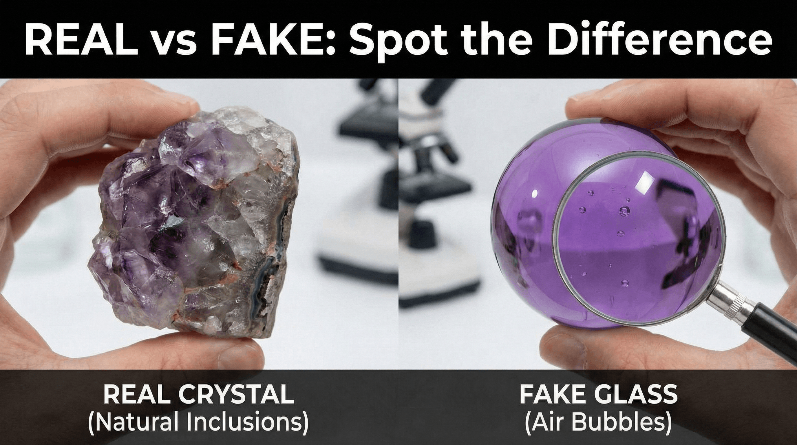 Comparison between natural Amethyst with color zoning and fake purple glass with air bubbles.