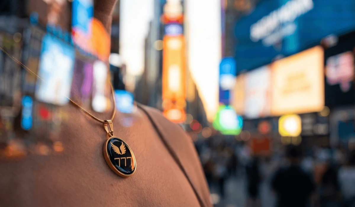 Close-up of a gold 777 angel number necklace symbolizing spiritual protection and mindfulness in the digital age.