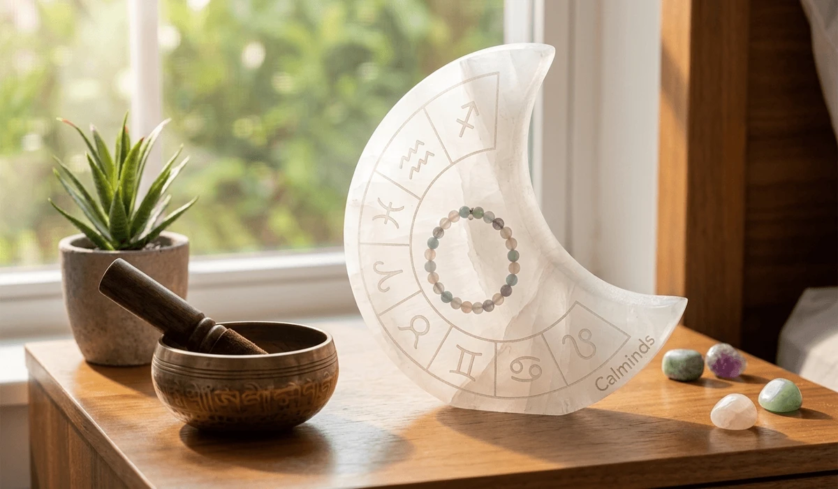 Child's Feng Shui protection gemstone bracelet resting on a Selenite plate for cleansing and energetic recharging.