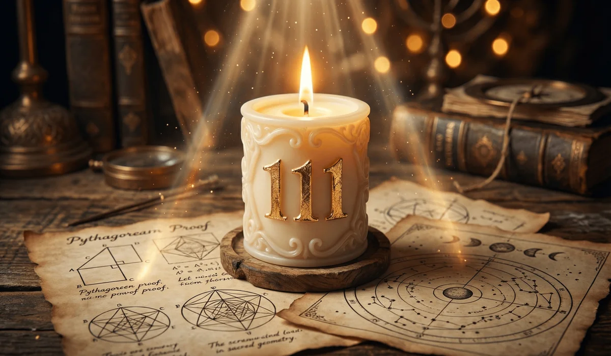 Ancient-style 111 angel number candle on a desk with Pythagorean sketches, symbolizing the historical roots of numerical manifestation.