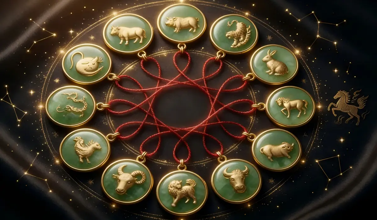 12 Chinese Zodiac animal charms in gold and jade arranged in a circle symbolizing the Shengxiao and cosmic destiny.