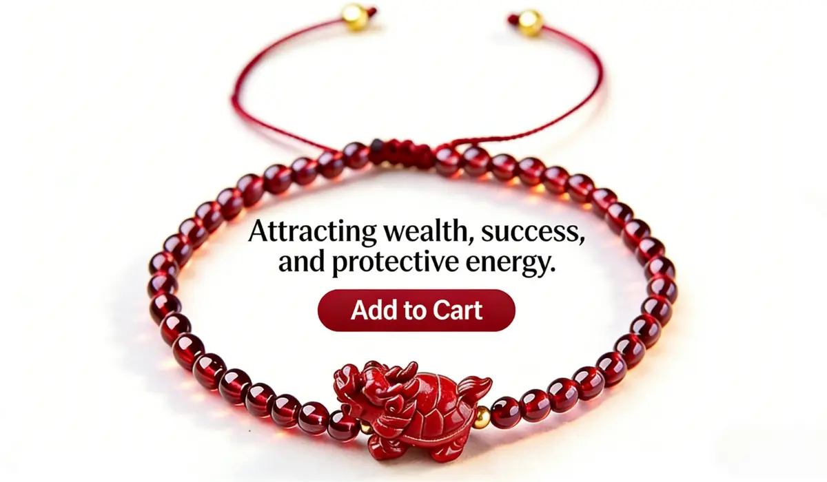 Wealth-Attracting Dragon Turtle Cinnabar Garnet Bracelet - The Guardian of Steady Prosperity displayed on white background, with text "Attracting wealth, success, and protective energy" and a red "Add to Cart" button.