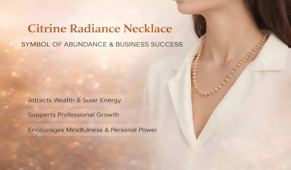 A model wearing a citrine radiance necklace, representing abundance, confidence, and solar energy to support professional growth and business success.