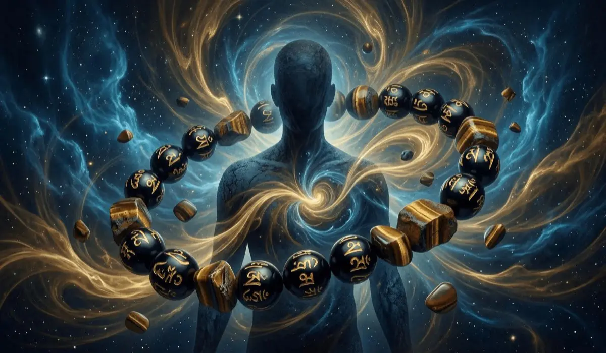 Floating mala beads with black obsidian, golden Tibetan mantras and tiger’s eye stones swirl around a human silhouette in glowing blue-gold cosmic energy and starry nebula, for spiritual healing, energy alignment and protection.