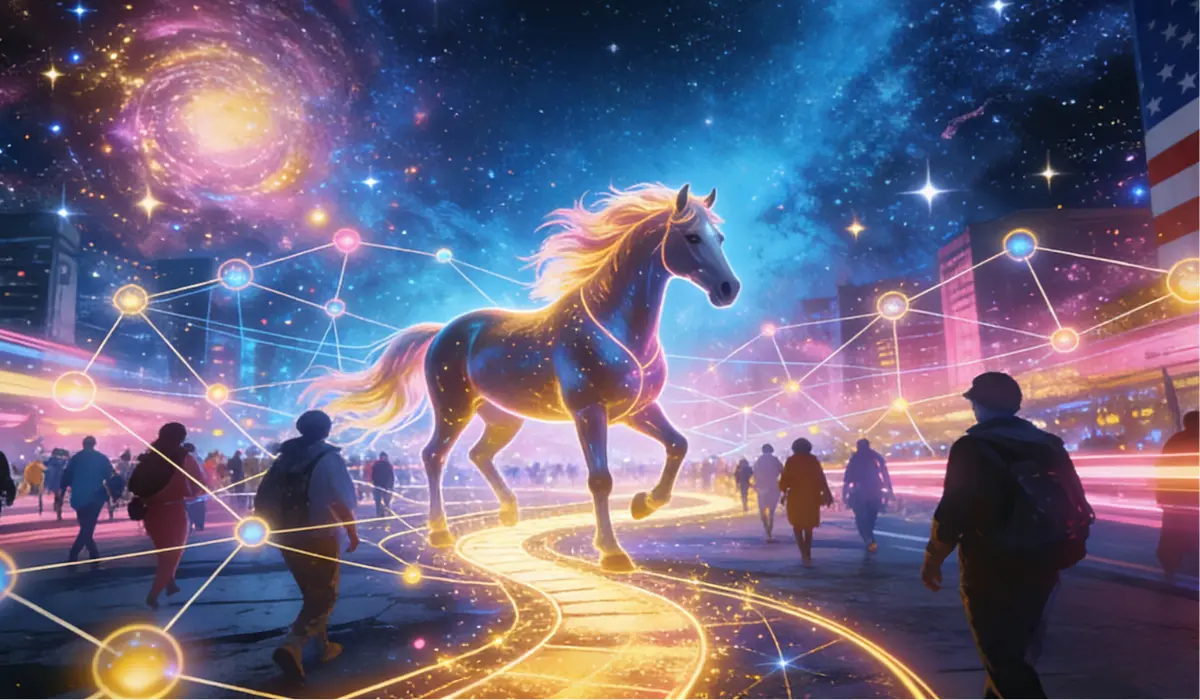 Glowing cosmic horse walks through a neon-lit city street with a starry galaxy sky and faint US flag in the background.