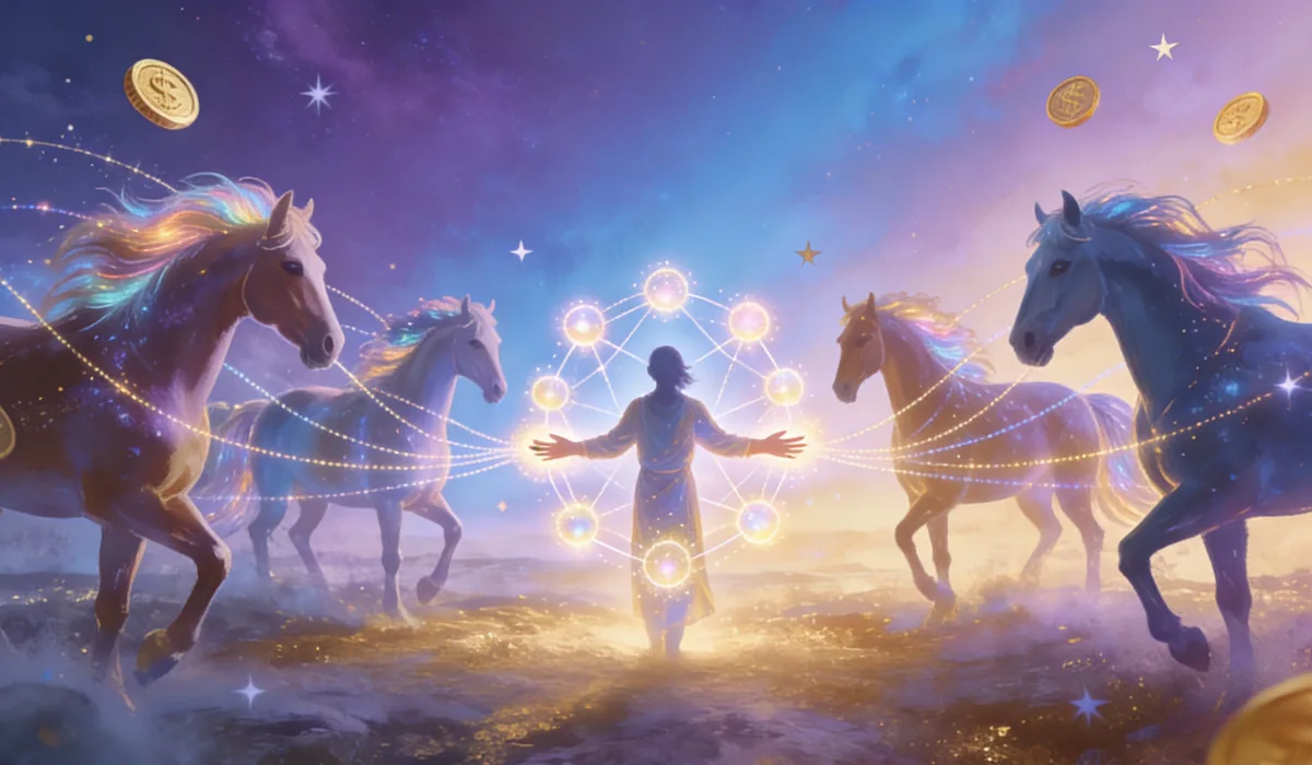 Silhouette of a figure surrounded by glowing cosmic horses connected by light trails, with floating gold coins and sacred geometry symbols against a nebula sky.