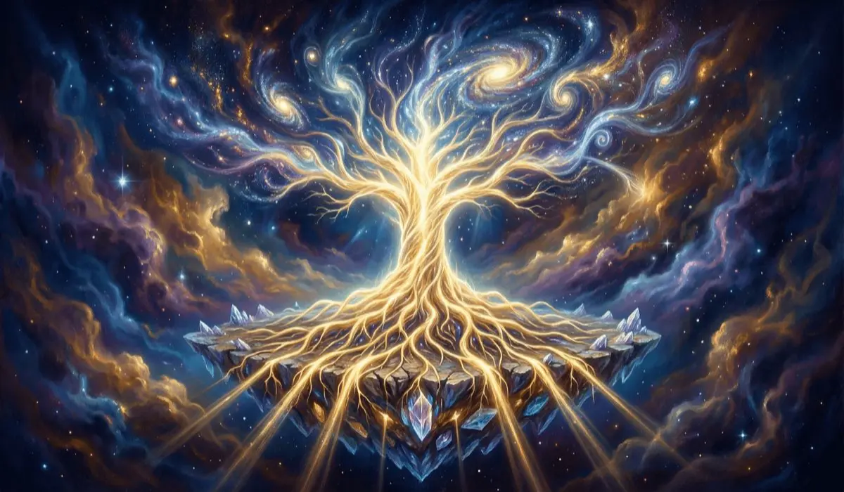 Cosmic Tree of Life with golden roots and branches, rooted in a floating crystal platform, surrounded by swirling galaxies and radiant energy streams, symbolizing spiritual growth and universal connection.