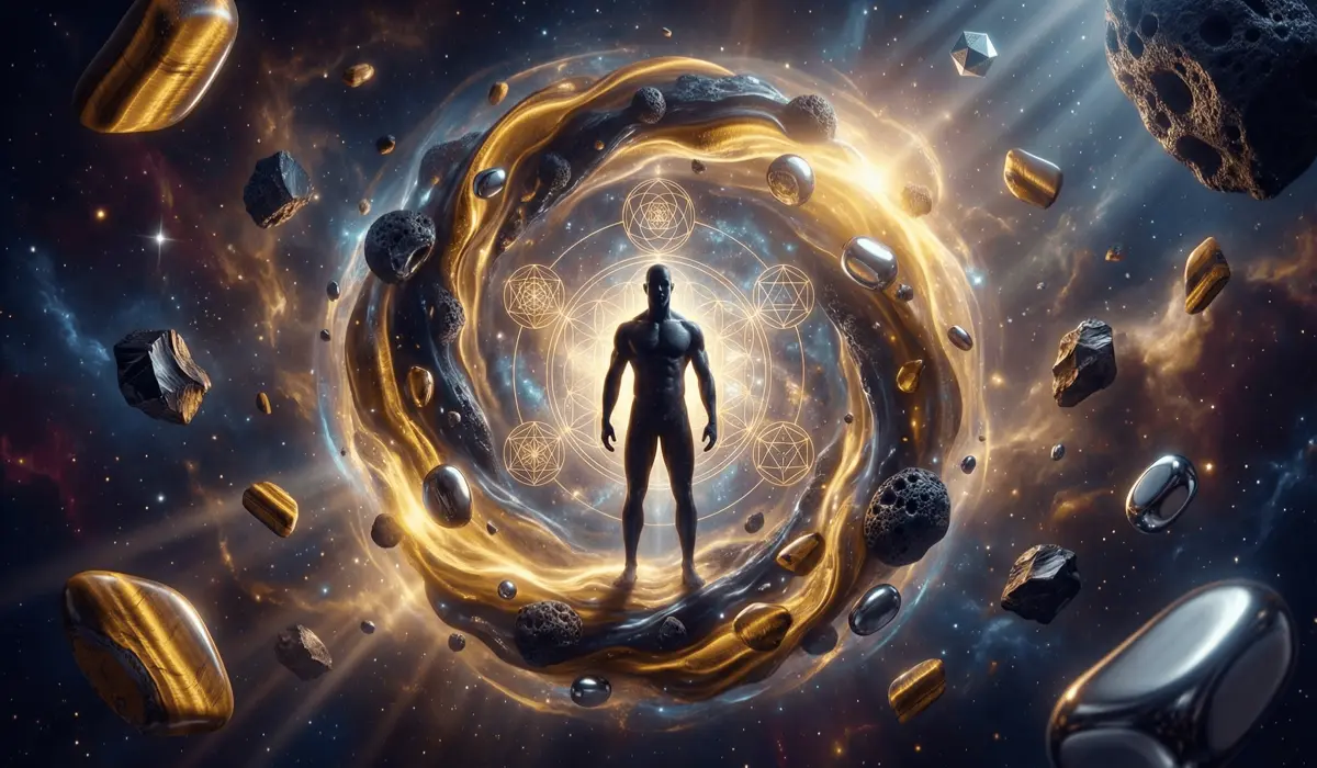 Silhouetted human figure at the center of a cosmic vortex, surrounded by floating tiger’s eye, obsidian, and sacred geometry symbols against a starry nebula.
