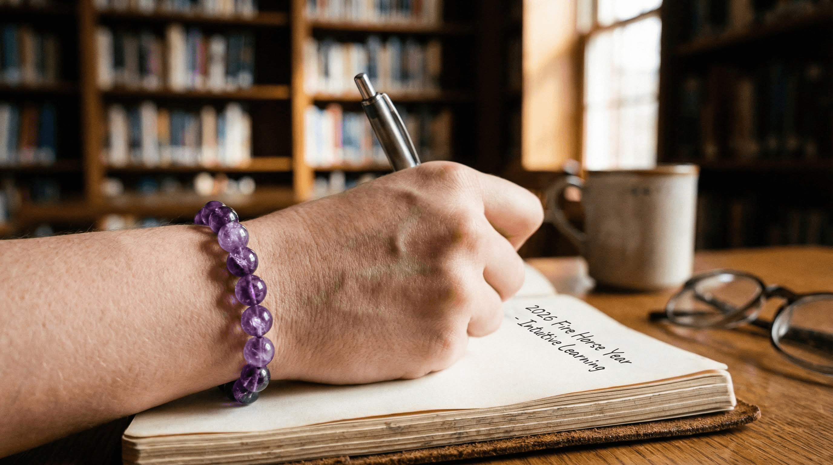 Student wearing an Amethyst bracelet for mental discipline and concentration while studying.