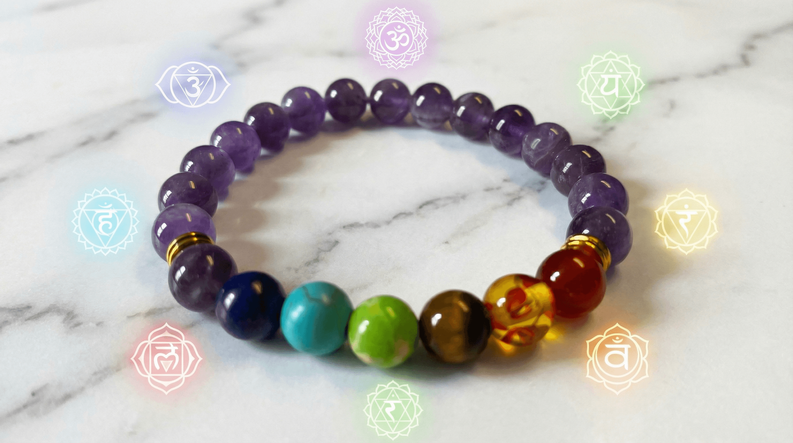 Close-up of a 7 chakra bracelet featuring vibrant gemstones like Amethyst and Lapis Lazuli for energy alignment.