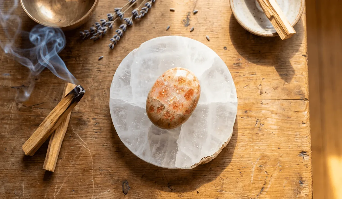 Sunstone palm stone being cleansed and sun-charged on a selenite plate in soft morning sunlight.
