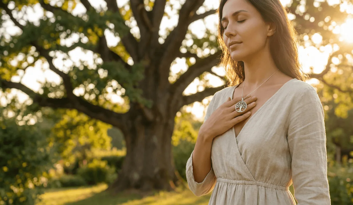 A woman wearing a Tree of Life necklace for personal growth, resilience, and heart chakra alignment.