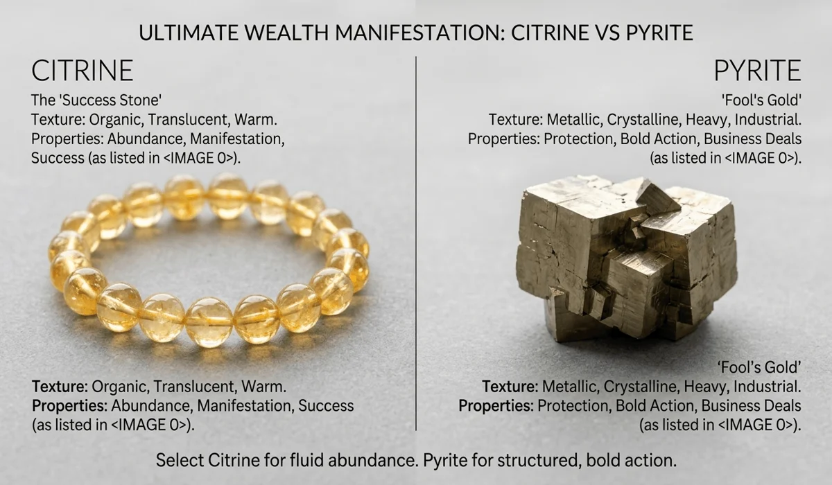 Comparison of Citrine and Pyrite crystals for wealth and abundance mindset.