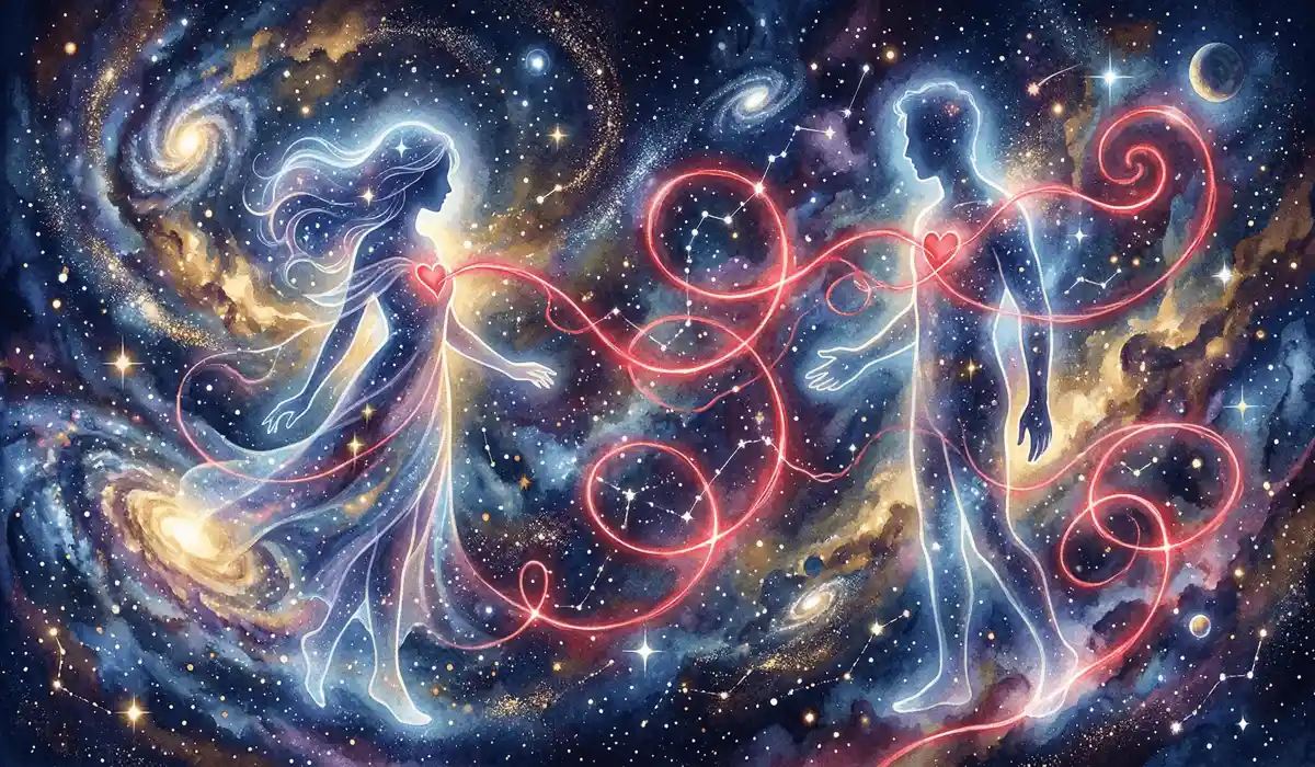 Conceptual art of the Asian red thread of fate connecting two souls across a cosmic background.