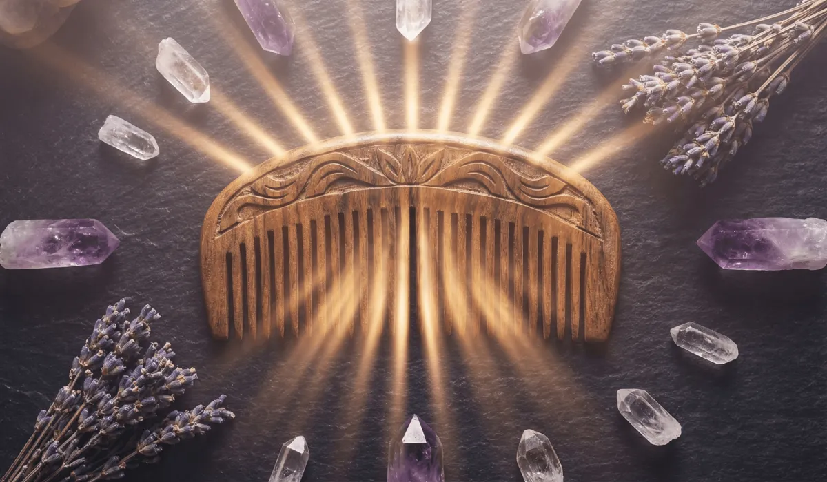 A wooden comb surrounded by crystals and lavender with golden light, symbolizing spiritual hair care and crown chakra alignment.