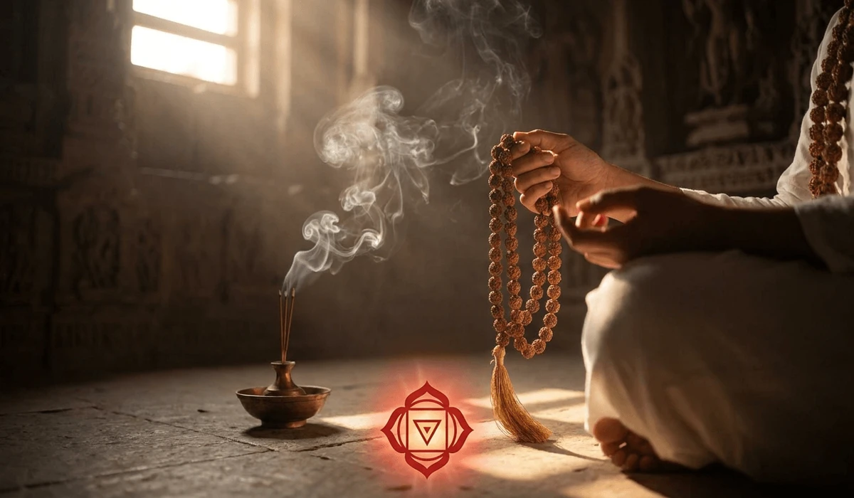 Hands holding a Rudraksha mala during Ganesha mantra chanting meditation with incense smoke and root chakra motif.