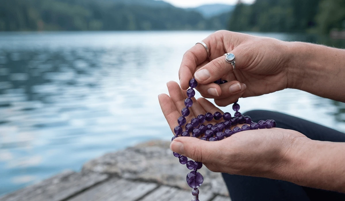 Close-up of hands using amethyst mala beads for mantra meditation to reduce anxiety and stress.