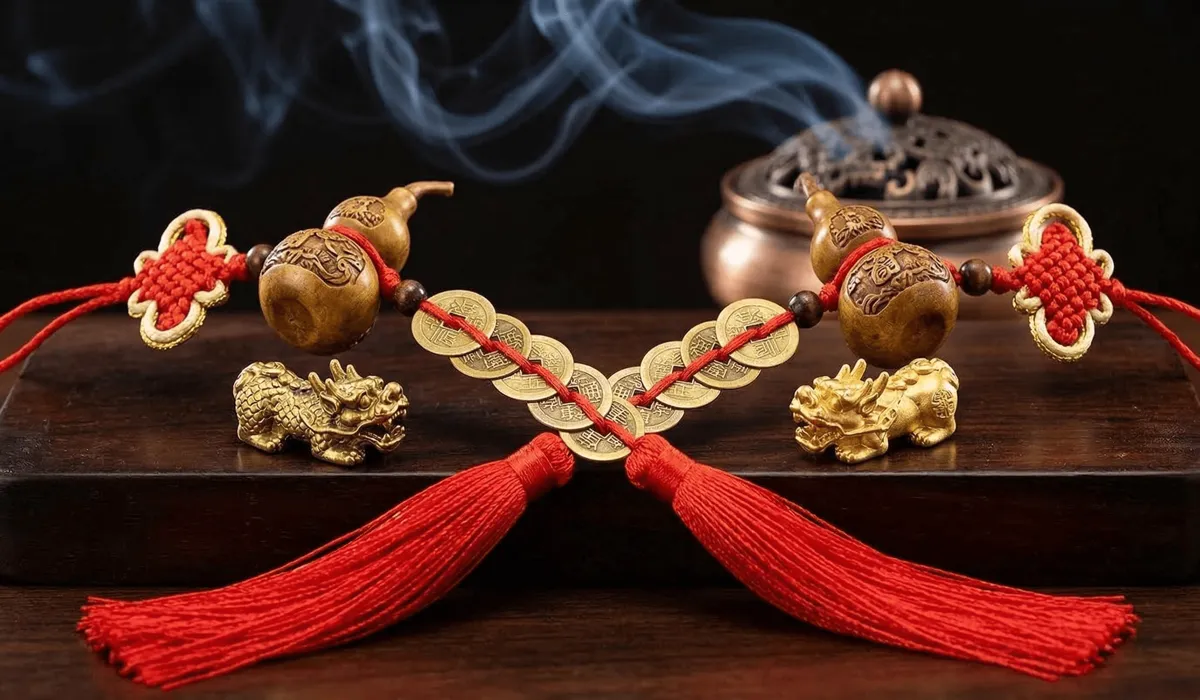 Traditional Chinese protection charms including Pi Xiu and Wu Lou gourd on a red string talisman.