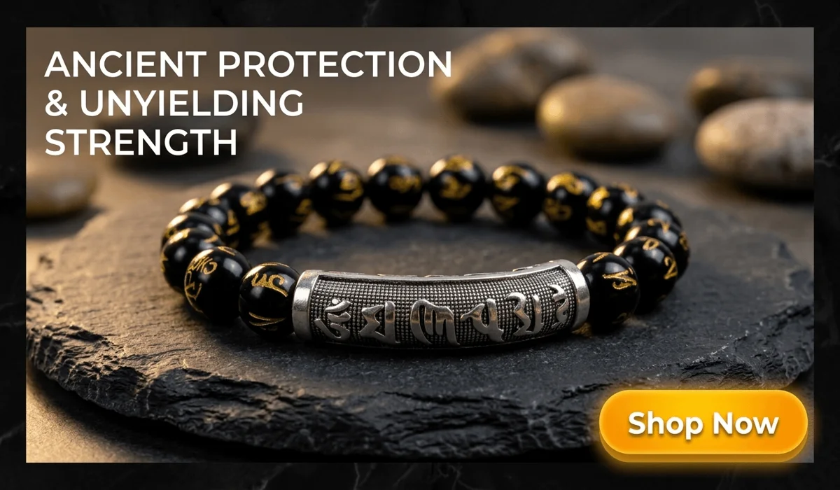 Obsidian Guardian Mantra Bracelet with black beads and silver mantra tube on a Zen stone background, featuring 'Shop Now' button and protection theme for SEO blog content.