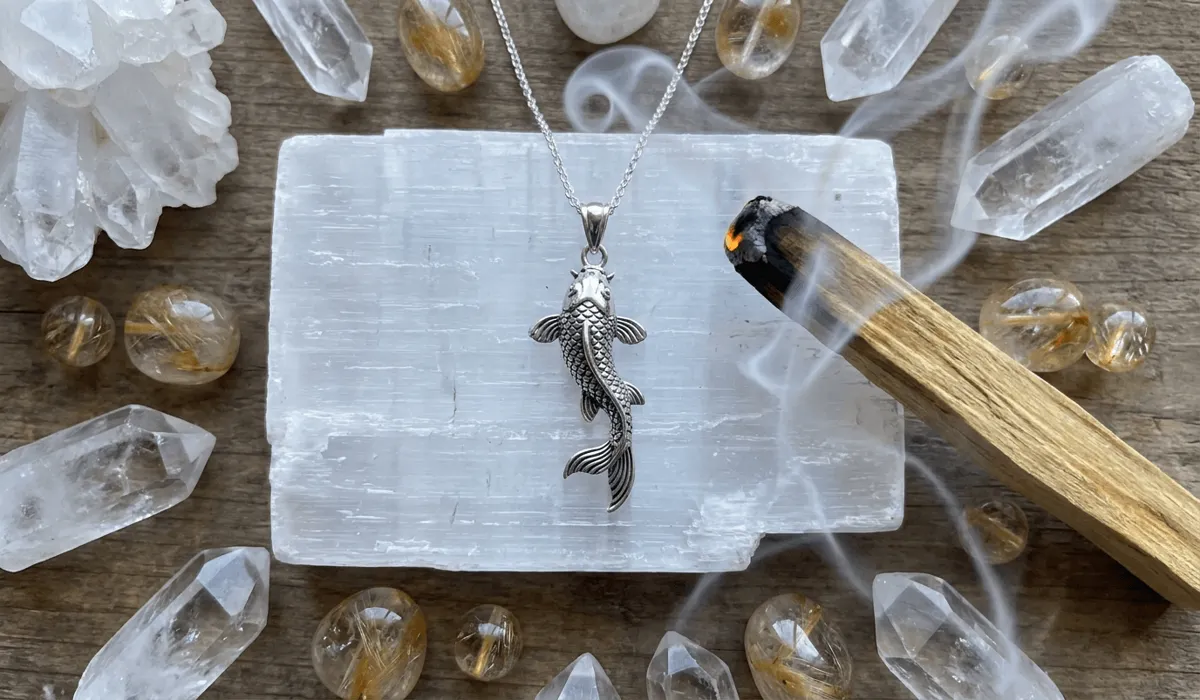 Silver koi fish necklace resting on selenite slab with quartz for energetic cleansing