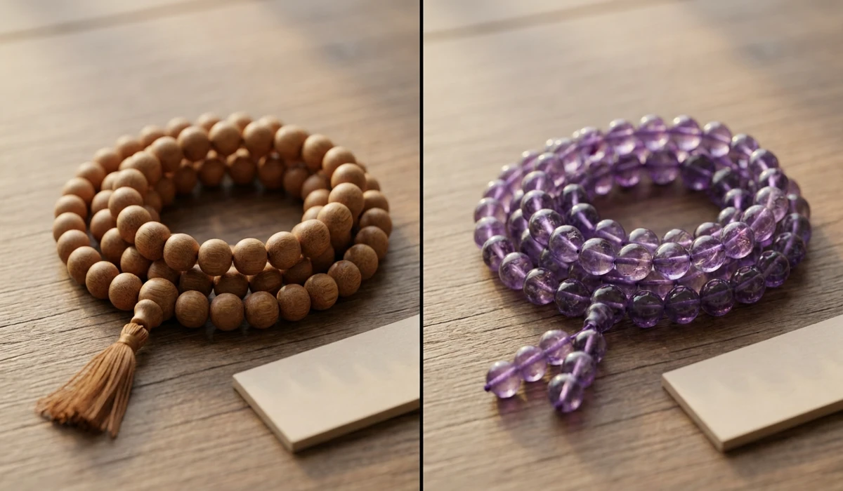 A comparison between a traditional wooden sandalwood mala and a purple amethyst gemstone mala on a wooden surface.