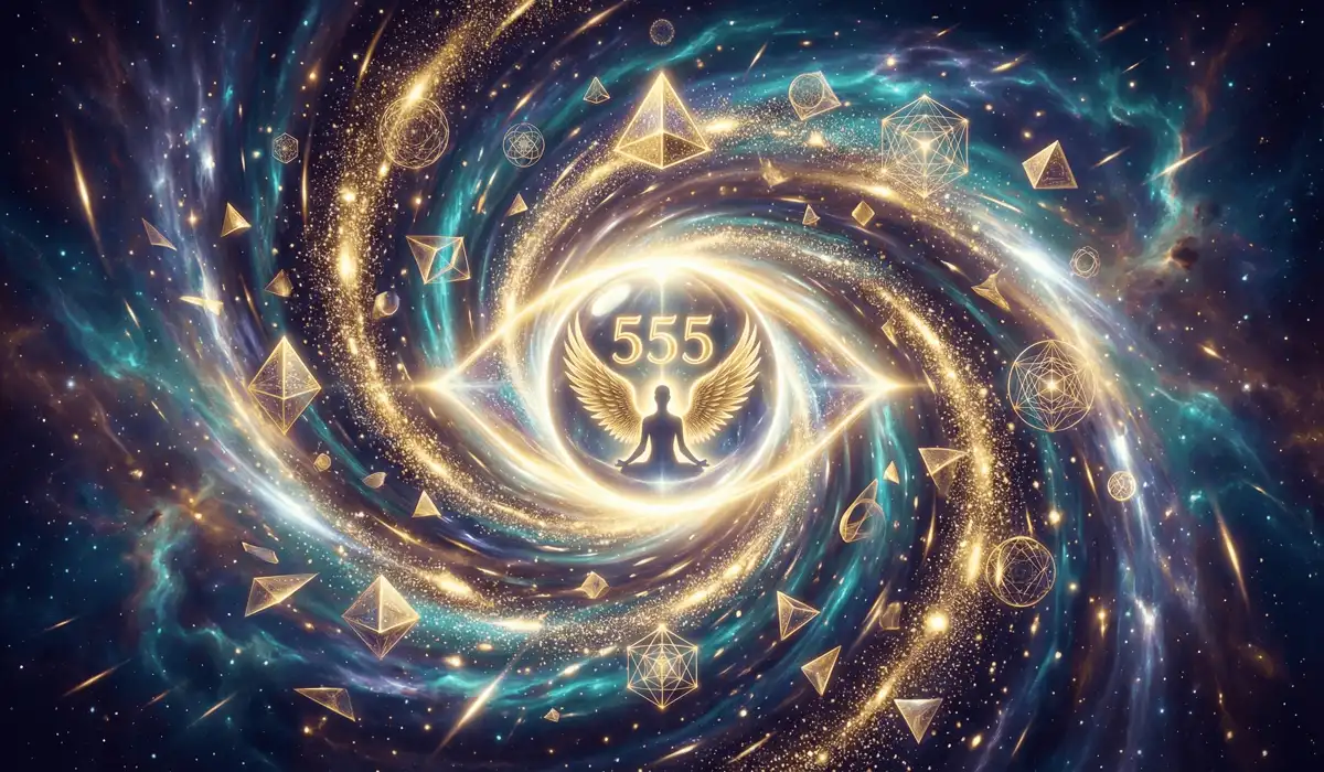 A peaceful eye centered in a cosmic hurricane symbolizing spiritual protection and non-duality during the 555 angel number life shift.