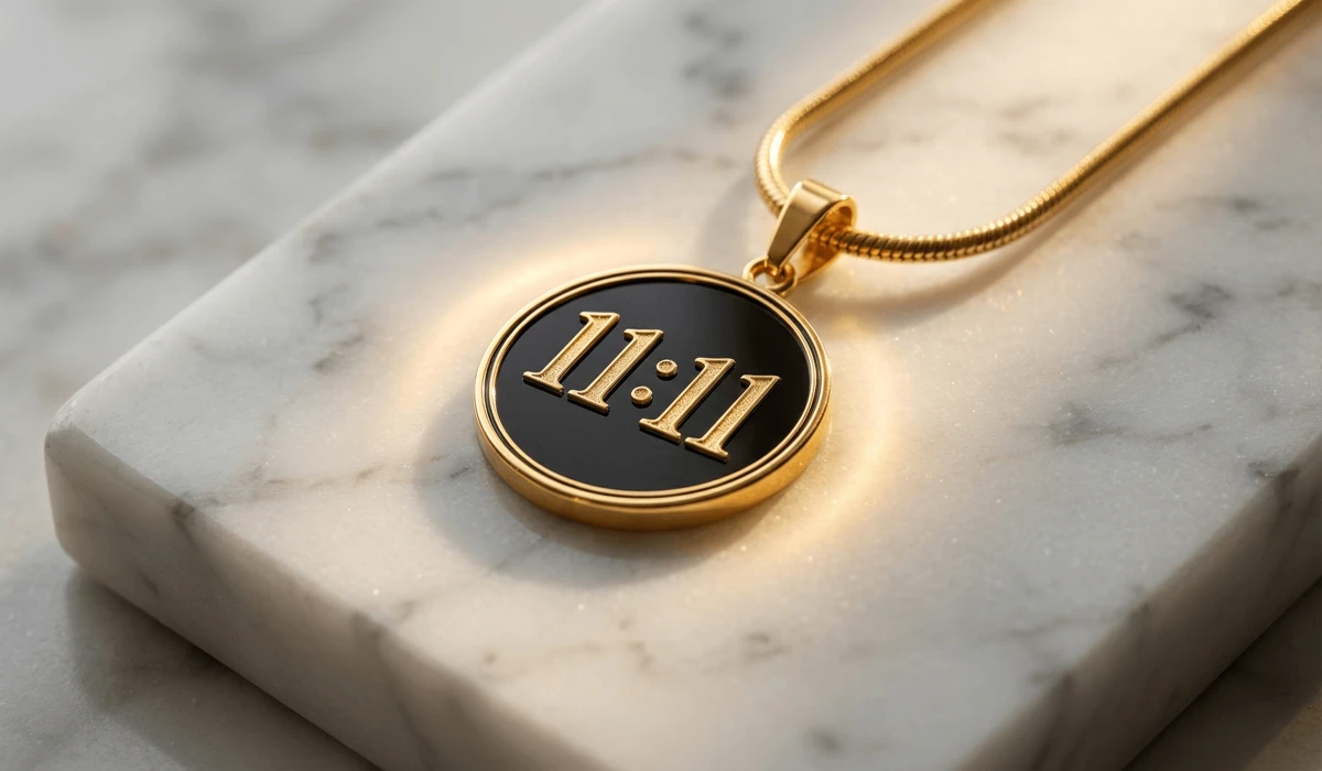Close-up of a gold 11:11 angel number necklace on marble, symbolizing spiritual awakening and new beginnings.
