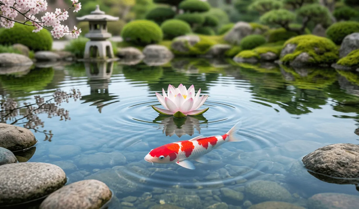 A peaceful Zen garden pond with a Koi fish swimming under a lotus, illustrating the Buddhist concepts of mindfulness, fluidity, and purity.