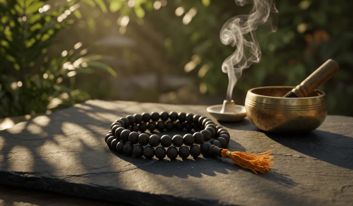 Genuine ebony wood bead mala resting on a grounding river stone surrounded by serene meditation elements and soft incense smoke.