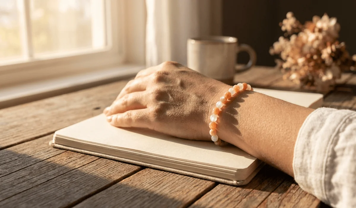Close-up of a sunstone and moonstone bead bracelet worn on a wrist while journaling in soft natural sunlight.