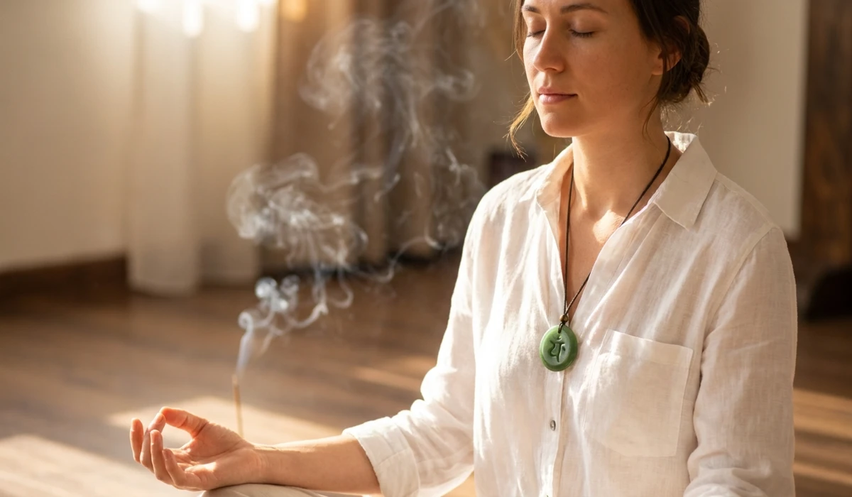 A woman wearing a Jade pendant near her heart chakra for emotional balance and meditation.
