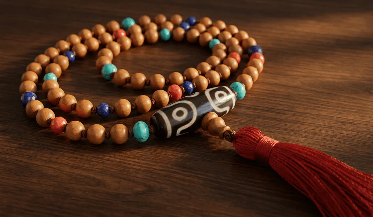 Detailed close-up of a 108 mala necklace featuring hand-knotted wooden beads and an etched Tibetan Dzi bead centerpiece.