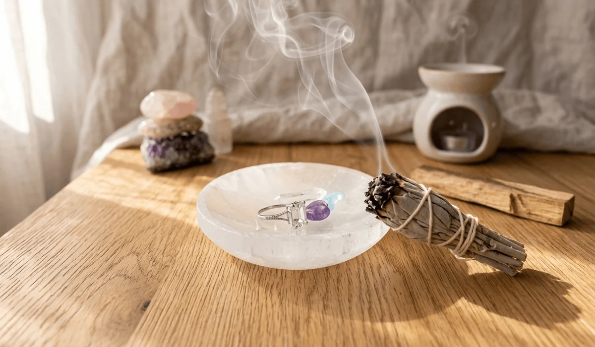 A spiritual ring cleansing ritual featuring a gemstone ring on a selenite charging plate with sage smoke for metaphysical maintenance.
