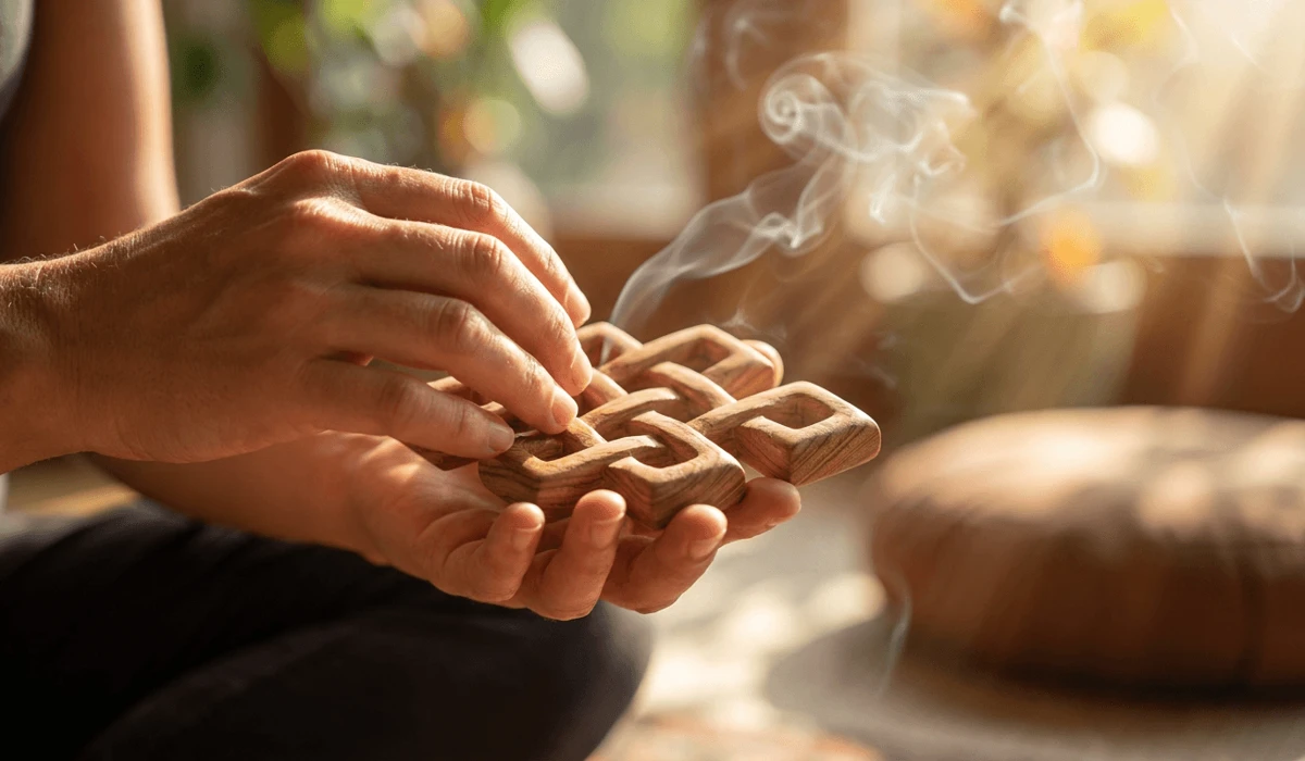Mindful visual tracing meditation with a person holding a wooden Buddhist Endless Knot talisman in warm sunlight.