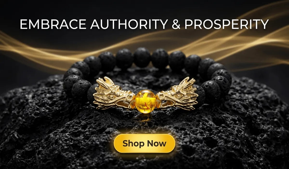 Power-Attracting Double Dragon Head Lava Stone Amber Bracelet on volcanic rock background with Shop Now button, representing authority and prosperity