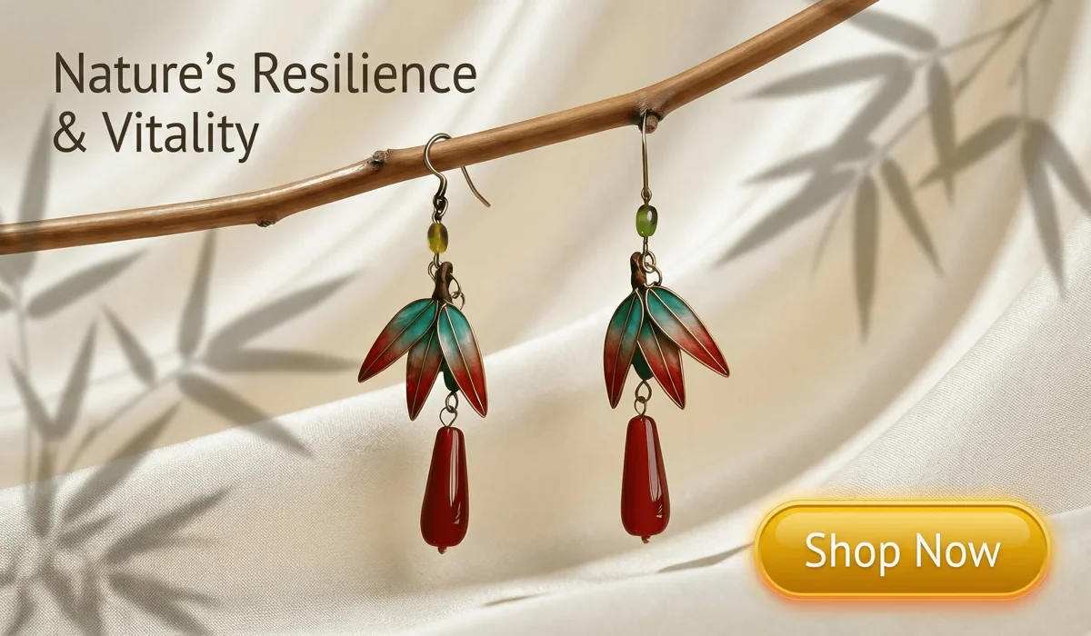High-end Verdant Bamboo Mulberry Silk & Filigree Earrings with red and green gradient leaf design on a Zen-inspired background, featuring a 'Shop Now' button for a luxury jewelry blog.