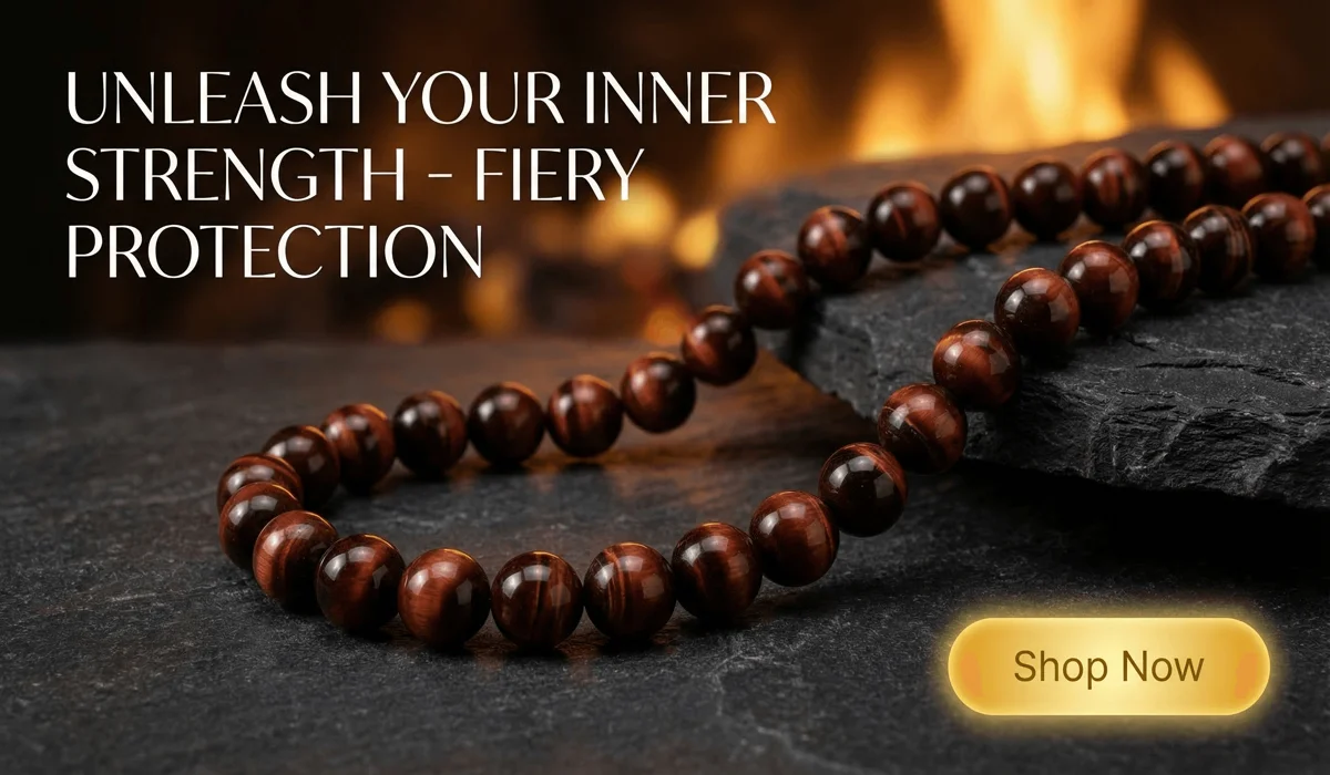 Red Tiger's Eye Beads Necklace 'The Fiery Guardian' displayed on a luxury dark background with a Shop Now button for SEO blog content.