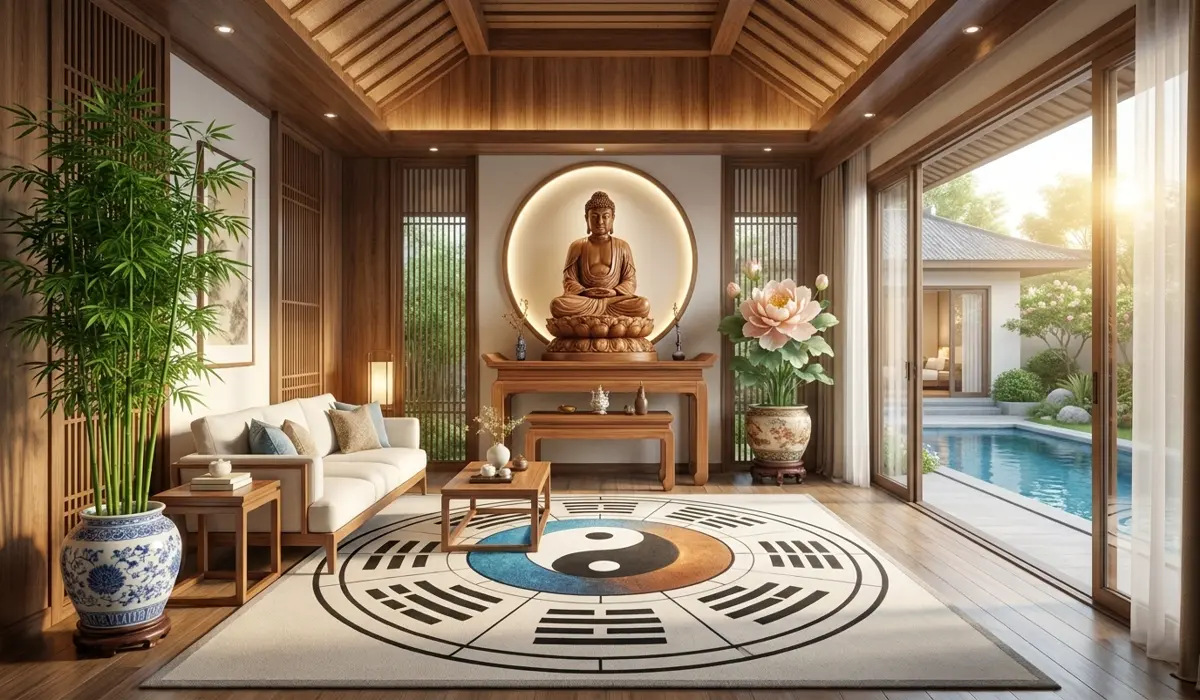 A harmonious home sanctuary following Feng Shui principles with sacred symbols like bamboo, Buddha, and silk flowers for positive energy.