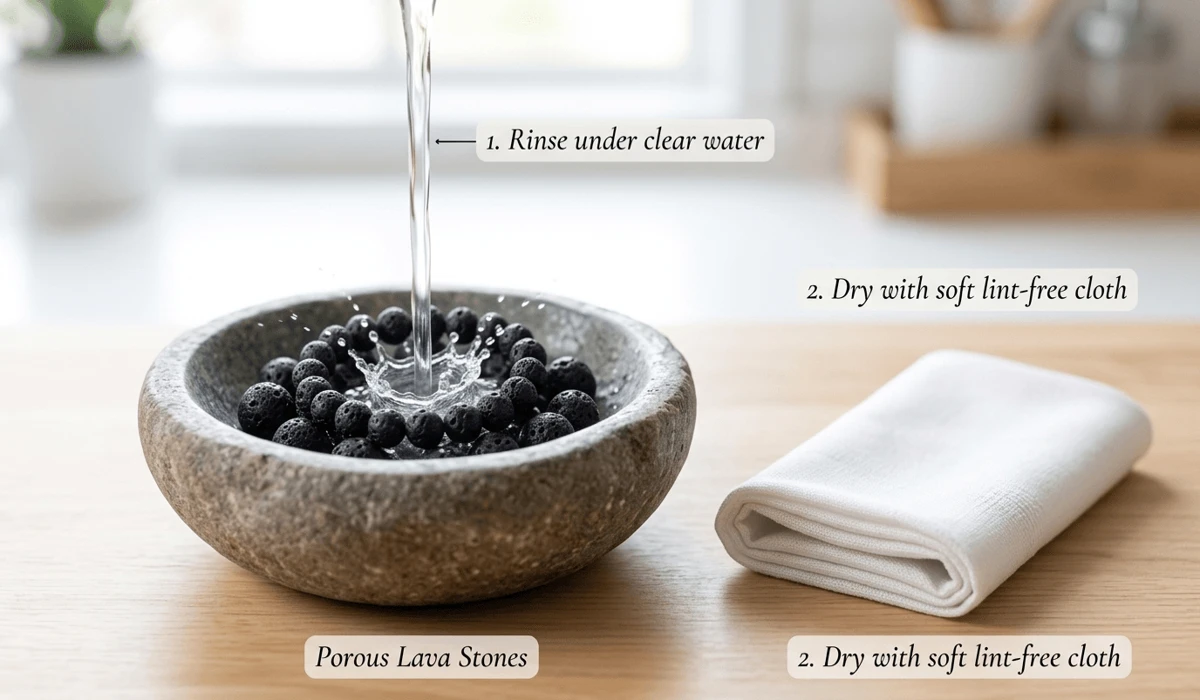 Cleaning lava stone jewelry by rinsing with fresh water and preparing for proper drying.