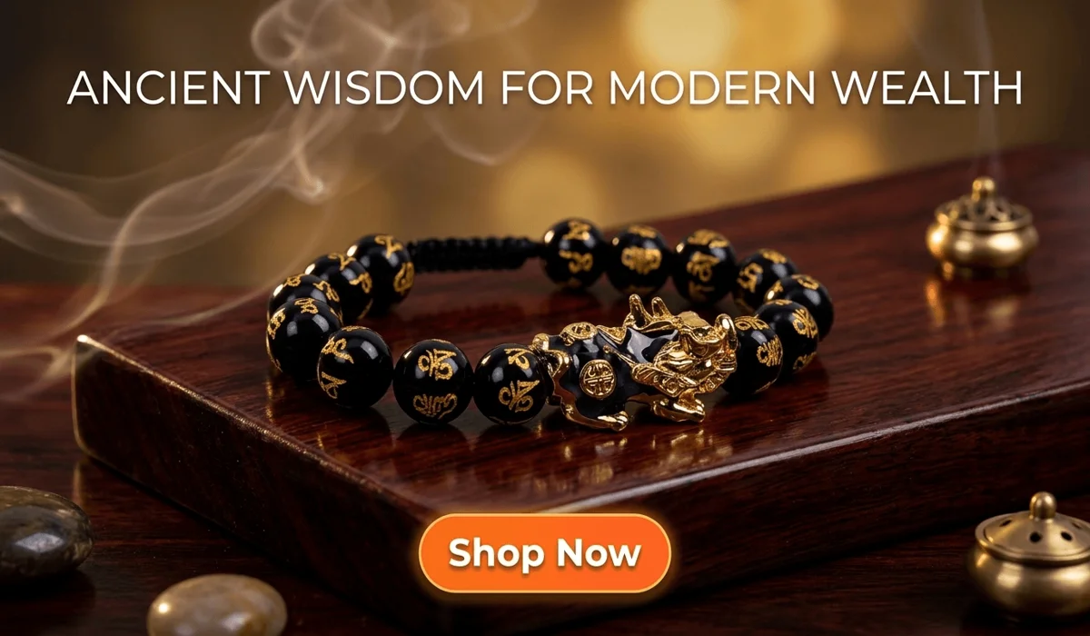 Wealth-Attracting Pixiu Obsidian Money Bracelet on a luxury Zen background - Ancient wisdom for modern wealth protection