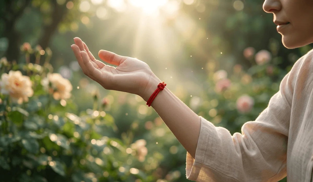 Close-up of a red string bracelet worn on the left wrist for receiving spiritual blessings and protection.