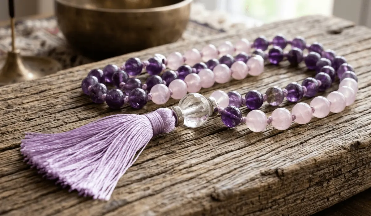 A detailed close-up of a 108 gemstone mala with amethyst beads and a silk tassel, representing traditional spiritual prayer beads.