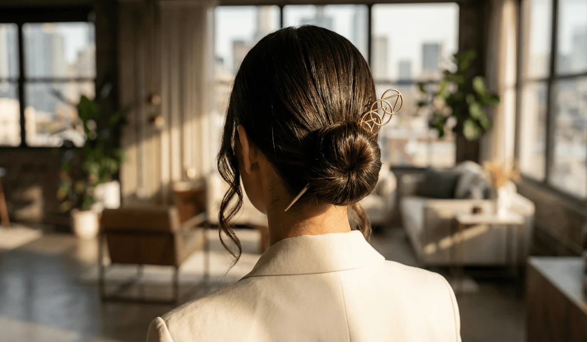 A finished, elegant hairstyle featuring a sacred geometry gold hair stick, demonstrating traditional elegance in a modern setting.